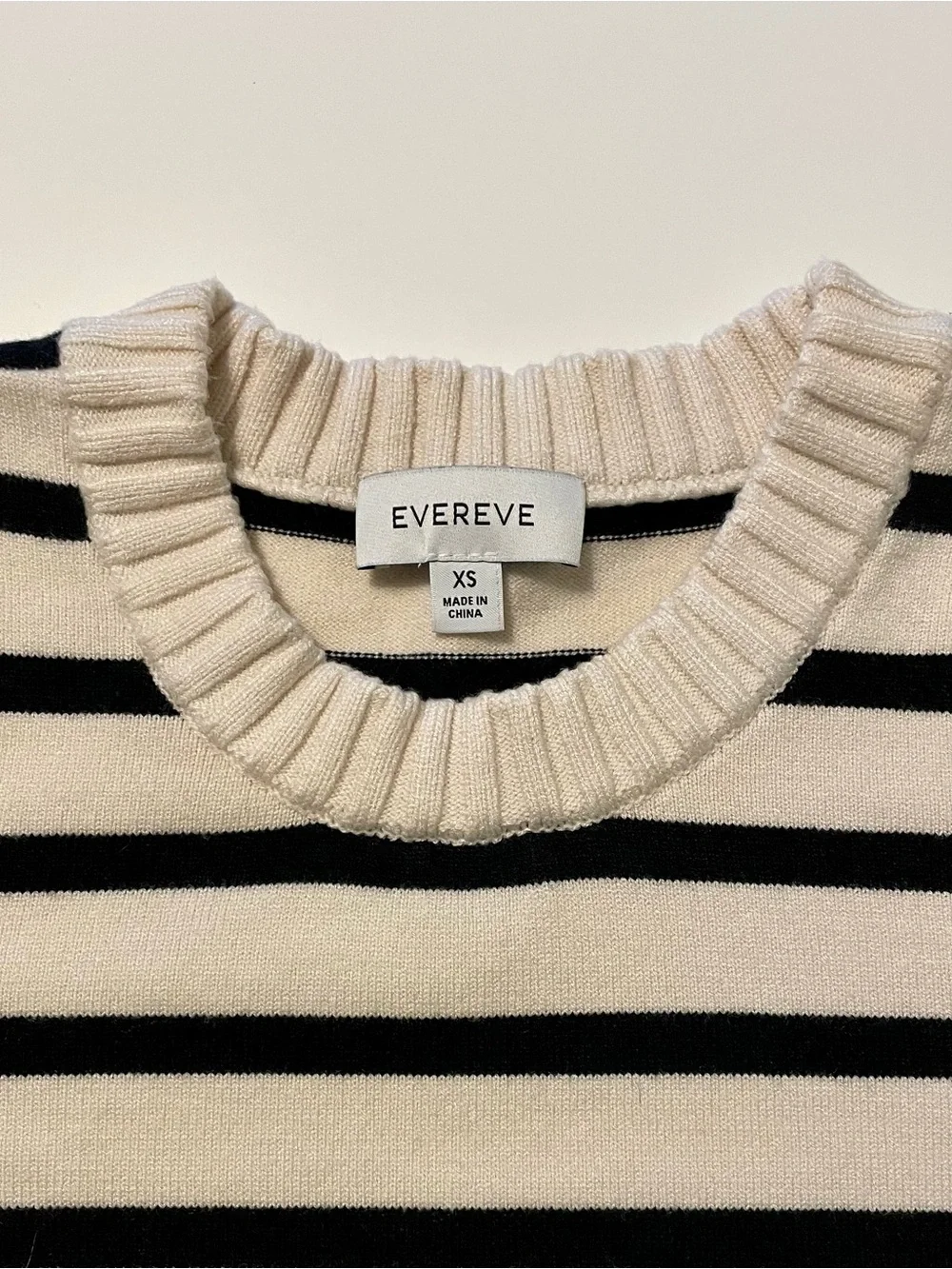 Evereve Harlow Black & Ivory Striped Crewneck Sweater w Faux Suade sleeves